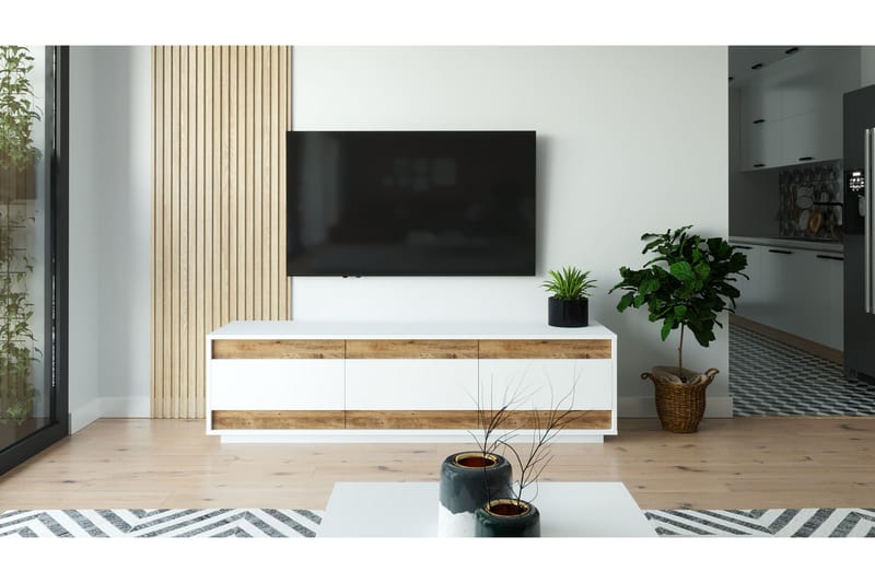 Tv-bänk Calrin 180 cm 3 Skåp - Vit/Natur - Möbler - TV- & Mediamöbler - TV bänk & mediabänk