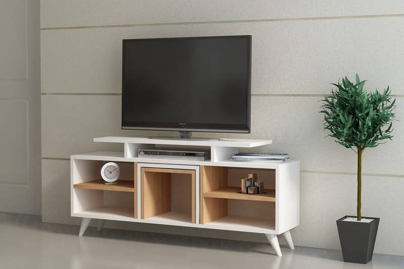 Tv-bänk Crebb 120 cm - Vit|Teak - TV bänk & mediabänk