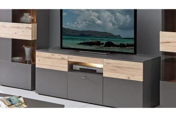 TV-bänk Leonie 150 cm 2 Dörrar Låda inkl Belysning - Plank Ek|Grå - Möbler - TV- & Mediamöbler - TV bänk & mediabänk
