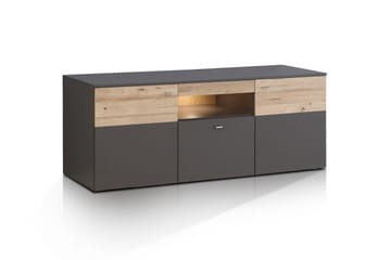 TV-bänk Leonie 150 cm 2 Dörrar Låda inkl Belysning - Plank Ek|Grå - Möbler - TV- & Mediamöbler - TV bänk & mediabänk