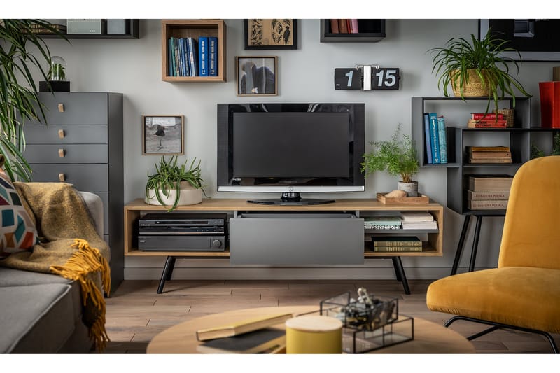 TV-bänk Ribbon 160 cm med Förvaring Trä/Natur/Grå/Svart - VOX - Möbler - TV- & Mediamöbler - TV bänk & mediabänk