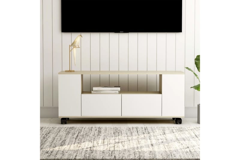 TV-bänk vit och sonoma ek 120x35x43 cm spånskiva - Vit - TV bänk & mediabänk