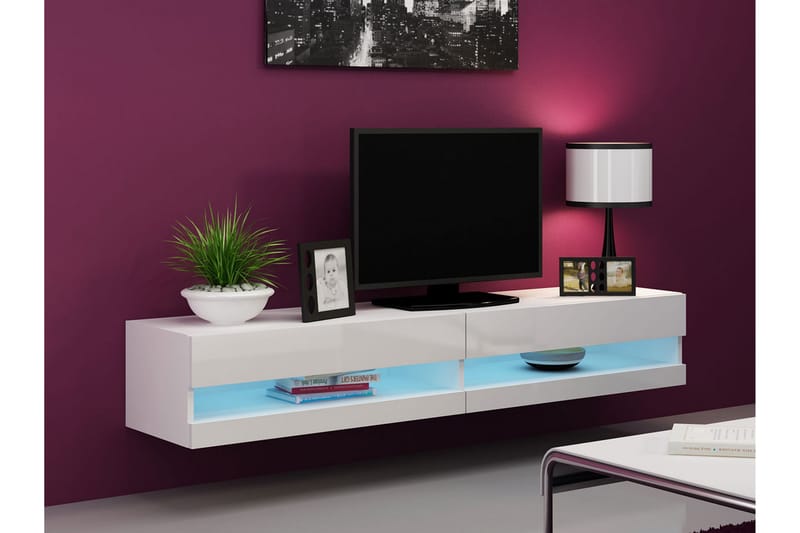 TV-bänk Wishon 180 cm Öppen Hylla - Vit/Vit Högglans - Möbler - TV- & Mediamöbler - TV bänk & mediabänk
