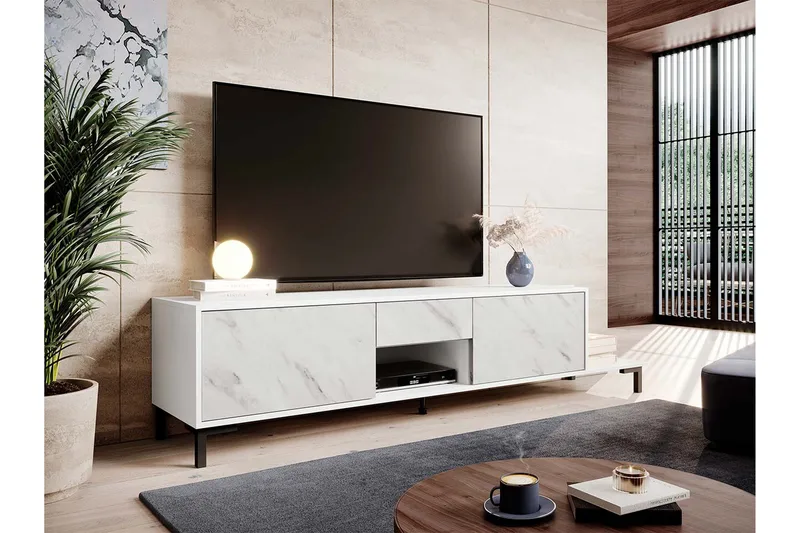 Tv Golvstående Tv Bänk 195 cm med Förvaring i Trä - Vit - Möbler - TV- & Mediamöbler - TV bänk & mediabänk