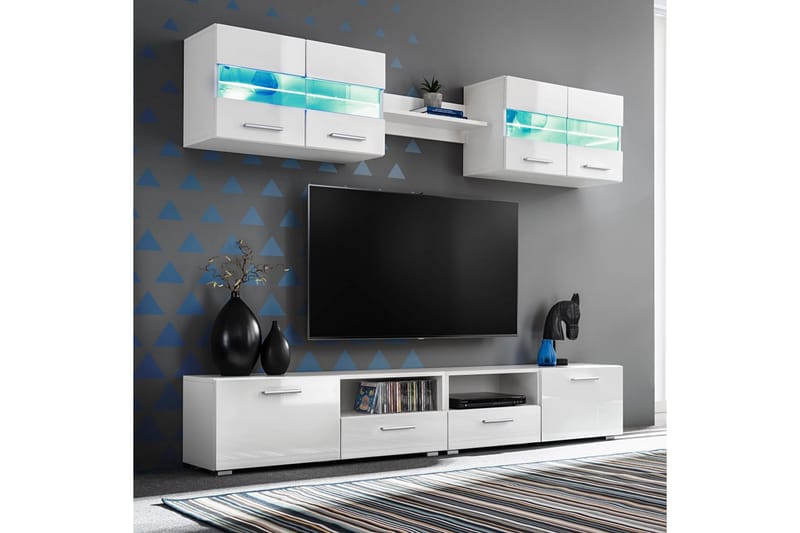 TV-möbel 5 delar med LED-belysning högglans vit - Vit - TV bänk & mediabänk