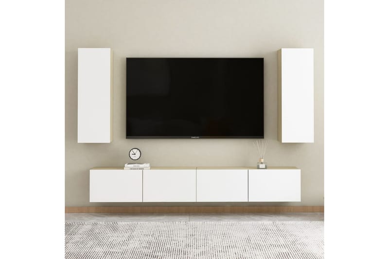 TV-skåp vit och sonoma-ek 30,5x30x90 cm spånskiva - Vit - TV bänk & mediabänk