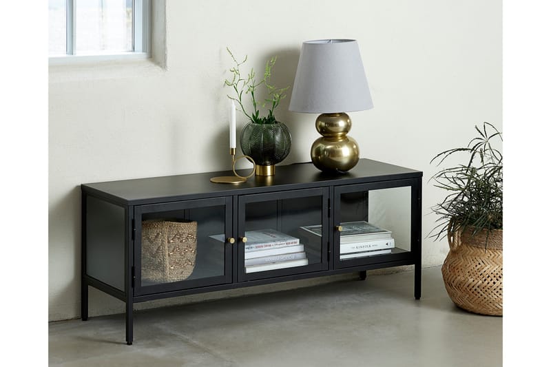 Umbri Golvstående Tv Bänk 132 cm med Förvaring i Metall och Glas - Svart - Möbler - TV- & Mediamöbler - TV bänk & mediabänk