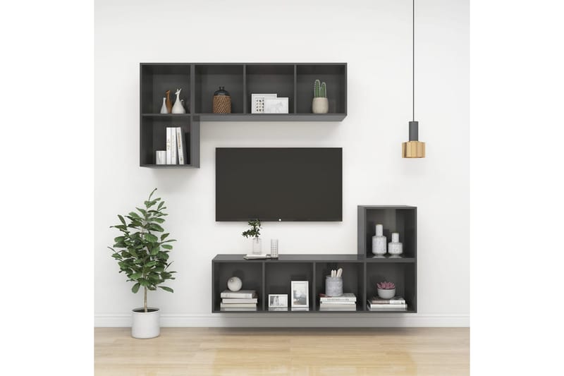Väggmonterad tv-bänk grå högglans 37x37x107 cm spånskiva - Grå - TV bänk & mediabänk