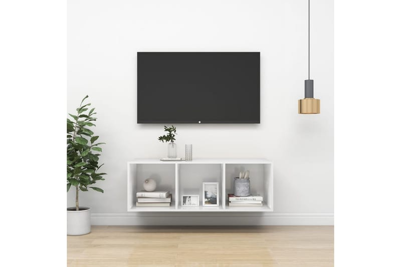 Väggmonterad tv-bänk vit högglans 37x37x107 cm spånskiva - Vit - TV bänk & mediabänk