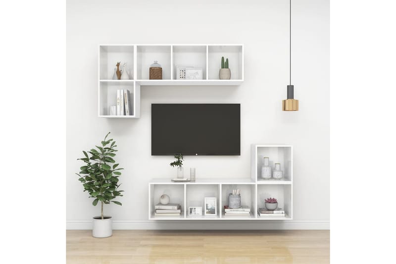 Väggmonterat tv-skåp vit högglans 37x37x142,5 cm spånskiva - Vit - TV bänk & mediabänk