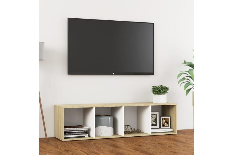 TV-bänk vit och sonoma-ek 142,5x35x36,5 cm spånskiva - Vit - TV bänk & mediabänk