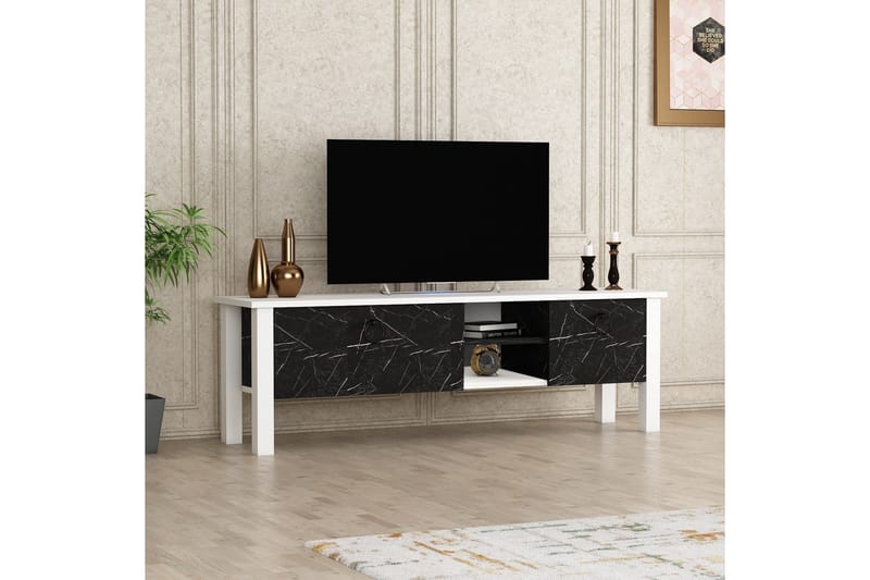 Tv-bänk Perrenmies 140x35 cm Vit/Svart - Hanah Home - Möbler - TV- & Mediamöbler - TV bänk & mediabänk