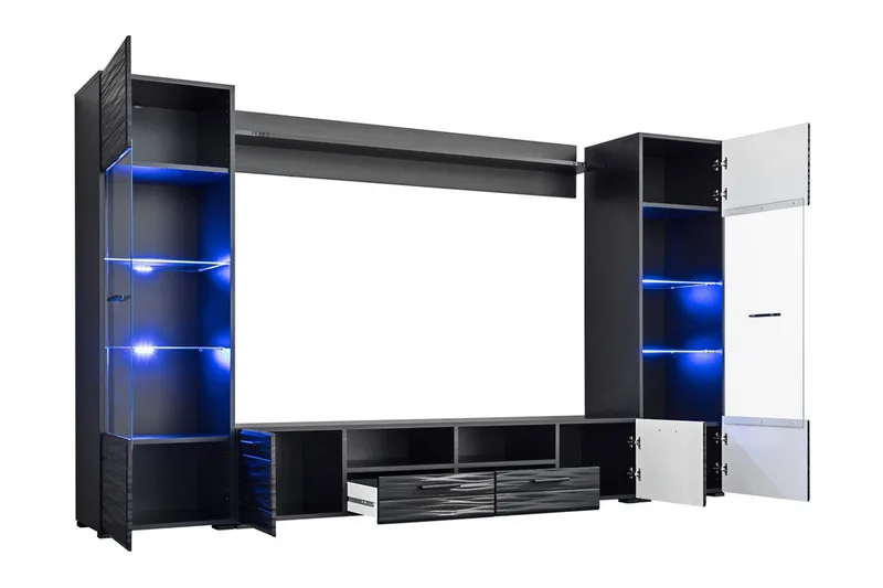 Apryl Modern TV Mediamöbel med Vitrinskåp och LED-belysning - Svart / Trä / Glas - Möbler - TV- & Mediamöbler - TV-möbelset