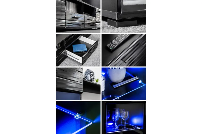 Apryl Modern TV Mediamöbel med Vitrinskåp och LED-belysning - Svart / Trä / Glas - Möbler - TV- & Mediamöbler - TV-möbelset