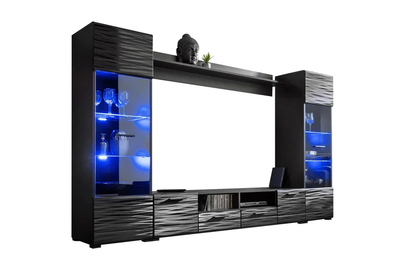 Apryl Modern TV Mediamöbel med Vitrinskåp och LED-belysning, Svart / Trä / Glas