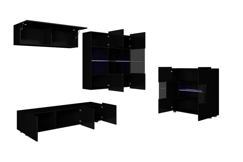 Tessan Tv-möbelset & vitrinskåp - Svart/Vit Högglans/Blå Led-Belysning - Möbler - TV- & Mediamöbler - TV-möbelset