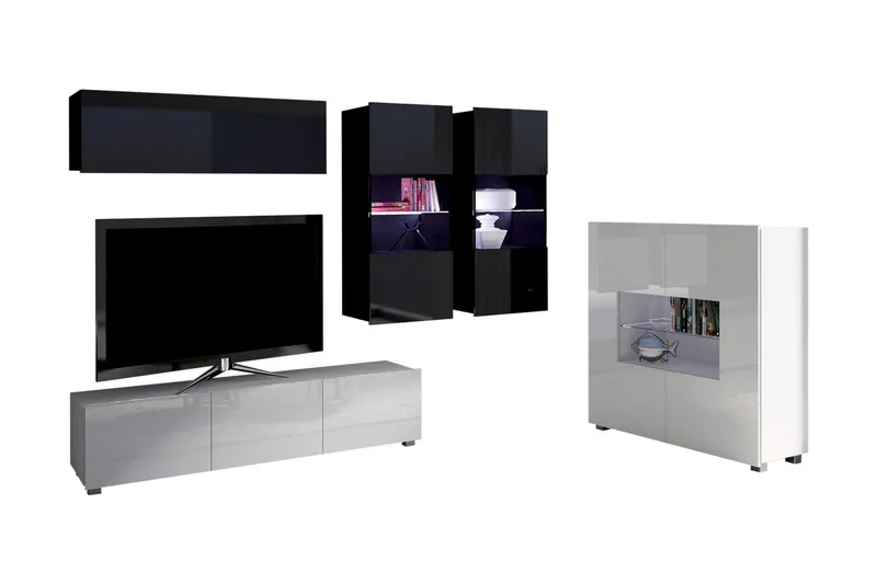 Tessan Tv-möbelset & vitrinskåp - Svart/Vit Högglans/Blå Led-Belysning - Möbler - TV- & Mediamöbler - TV-möbelset