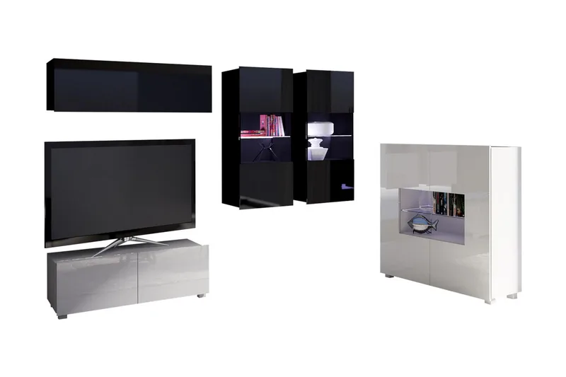 Tessan TV-möbelset & vitrinskåp - Svart/Vit Högglans/Blå Led-Belysning - Möbler - TV- & Mediamöbler - TV-möbelset