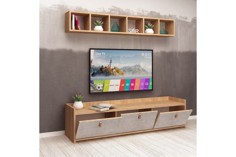Tv-bänk Naidaj med Vägghylla - Grå|Trä - Möbler - TV- & Mediamöbler - TV-möbelset