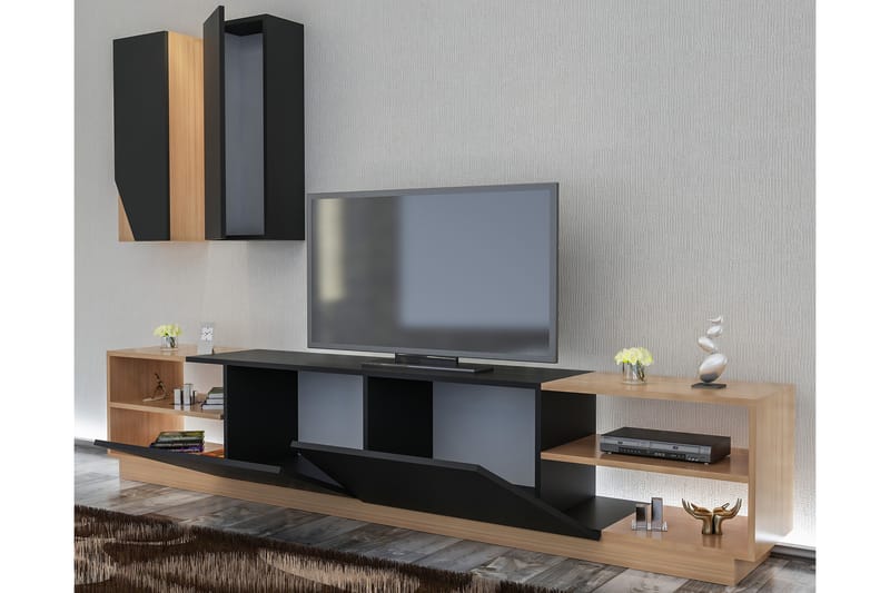Tv-Bänk Obelina med Dold Förvaring - Svart|Teak - Möbler - TV- & Mediamöbler - TV-möbelset