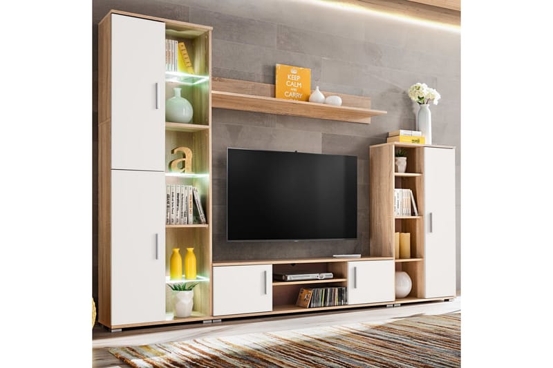 TV-möbel med LED-belysning sonoma-ek och vit - Brun - TV bänk & mediabänk