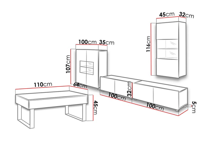 TV-möbelset Frick - Ek/Vit Led-Belysning - TV-möbelset