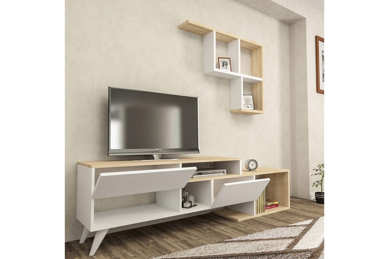 Tv-möbelset Hadise 135 cm 2 Dörrar + 9 Hyllor - Vit/Blå/Natur - TV-möbelset