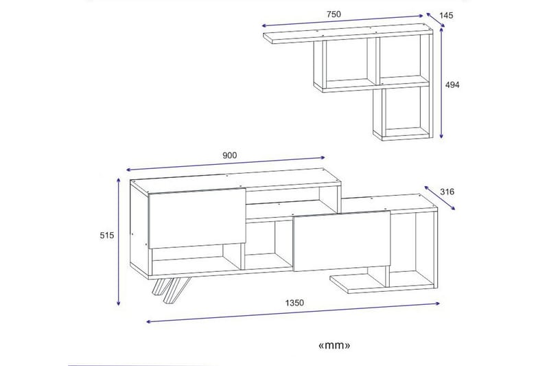 Tv-möbelset Hadise 135 cm 2 Dörrar + 9 Hyllor - Vit/Blå/Natur - TV-möbelset