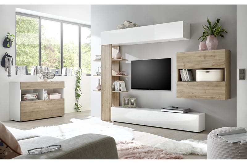 Väggkombination Selvena 295 cm - Vit|Trä|Natur - Möbler - TV- & Mediamöbler - TV-möbelset