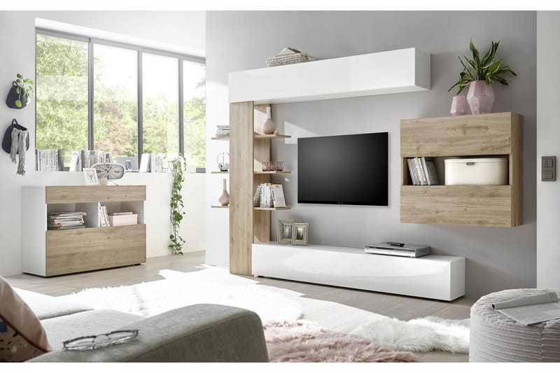 Väggkombination Selvena 295 cm - Vit|Trä|Natur - Möbler - TV- & Mediamöbler - TV-möbelset