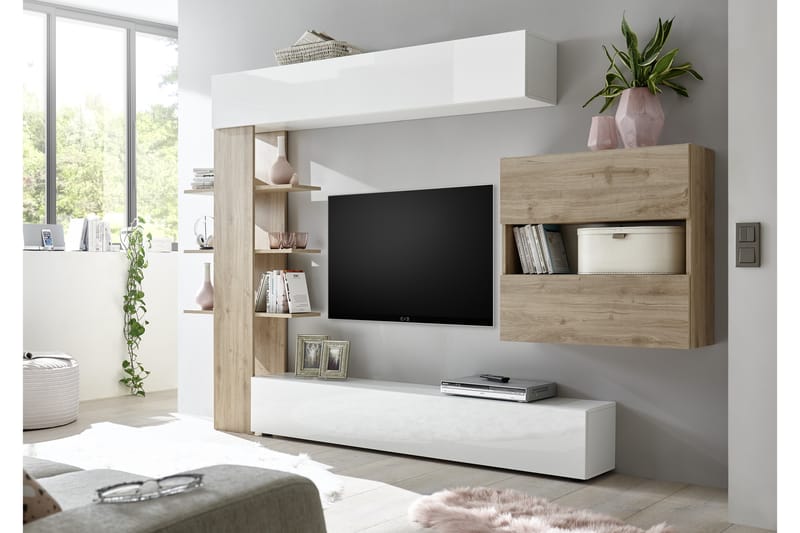Väggkombination Selvena 295 cm - Vit|Trä|Natur - Möbler - TV- & Mediamöbler - TV-möbelset