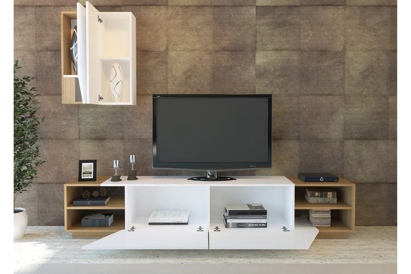 Zebrai Tv-Bänk med Dold Förvaring - Vit/Teak - Möbler - TV- & Mediamöbler - TV-möbelset