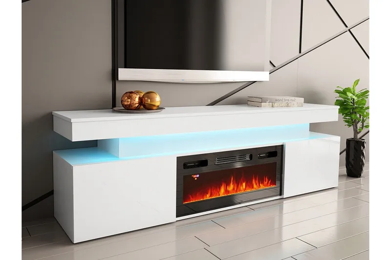 Glenndale Tv bänk med Förvaring + LED kamin + Belysning 190 cm - Vit - Möbler - TV- & Mediamöbler - TV-skåp