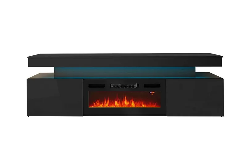 Glenndale Tv bänk med Förvaring + LED kamin + Belysning 190 - Svart - Möbler - TV- & Mediamöbler - TV-skåp