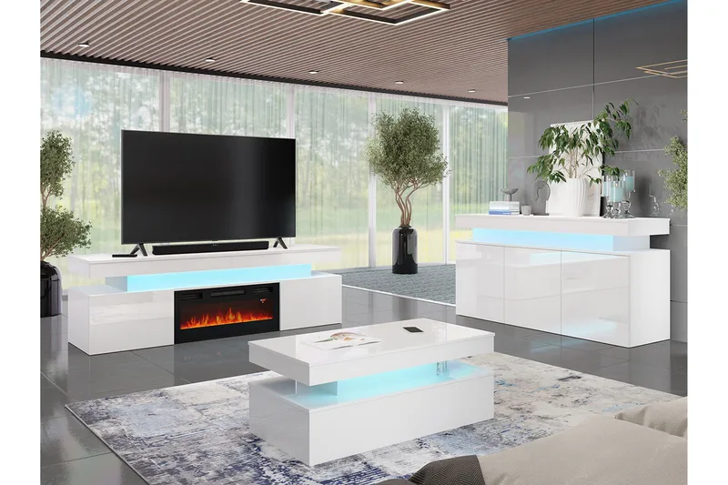 Glenndale Tv bänk med Förvaring + LED kamin + Belysning 190 cm - Vit - Möbler - TV- & Mediamöbler - TV bänk & mediabänk