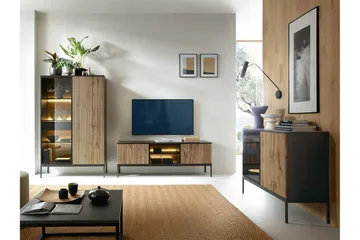 Klinkerville Tv bänk med belysning 39 cm djup 56 cm bred - Svart Trä / Glas / Ribbad - Möbler - TV- & Mediamöbler - TV-skåp