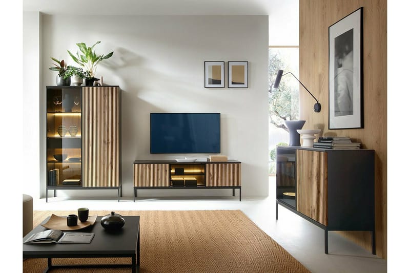 Klinkerville Tv bänk med belysning 39 cm djup 56 cm bred - Svart Trä / Glas / Ribbad - Möbler - TV- & Mediamöbler - TV-skåp