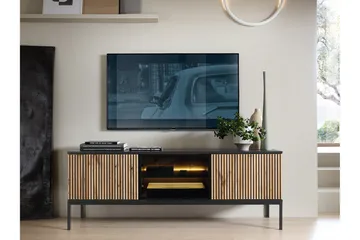 Klinkerville Tv bänk med belysning 39 cm djup 56 cm bred - Svart Trä / Glas / Ribbad - Möbler - TV- & Mediamöbler - TV-skåp