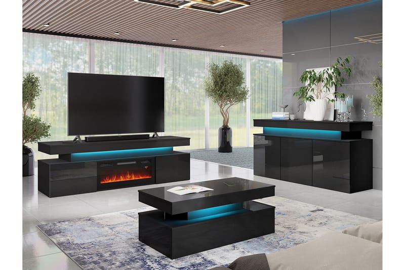 Tv bänk Glenndale med Förvaring + LED kamin + Belysning 190 - Svart - Möbler - TV- & Mediamöbler - TV-skåp