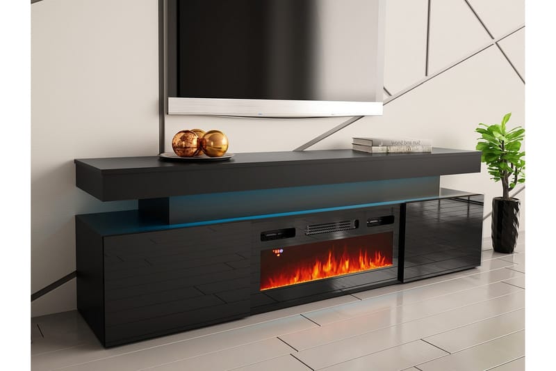 Tv bänk Glenndale med Förvaring + LED kamin + Belysning 190 - Svart - Möbler - TV- & Mediamöbler - TV-skåp