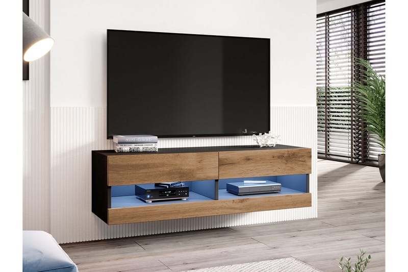Tv-skåp Veria 180 cm Blå LED - Natur/Svart - TV-skåp