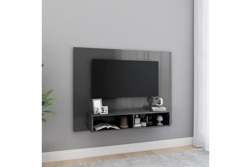 Väggmonterat tv-skåp grå högglans 120x23,5x90 cm spånskiva - Grå - TV-skåp
