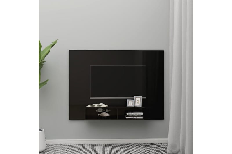 Väggmonterat tv-skåp svart högglans 135x23,5x90 cm spånskiva - Svart - TV-skåp