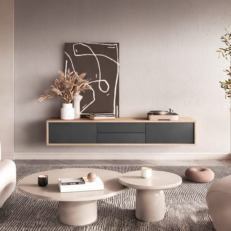 Vägghängd TV-bänk Frida 2 luckor med 2 lådor upp - Antracit - Möbler - TV- & Mediamöbler - TV bänk & mediabänk