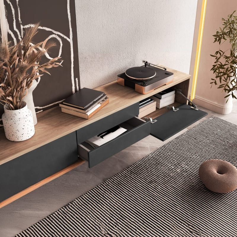 Vägghängd TV-bänk Frida 2 luckor med 2 lådor upp - Antracit - Möbler - TV- & Mediamöbler - TV bänk & mediabänk