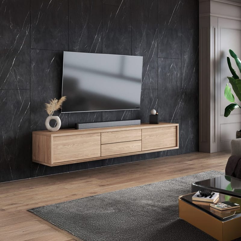 Vägghängd TV-bänk Frida 2 luckor med 2 lådor upp - Oljad Ek - Möbler - TV- & Mediamöbler - TV bänk & mediabänk