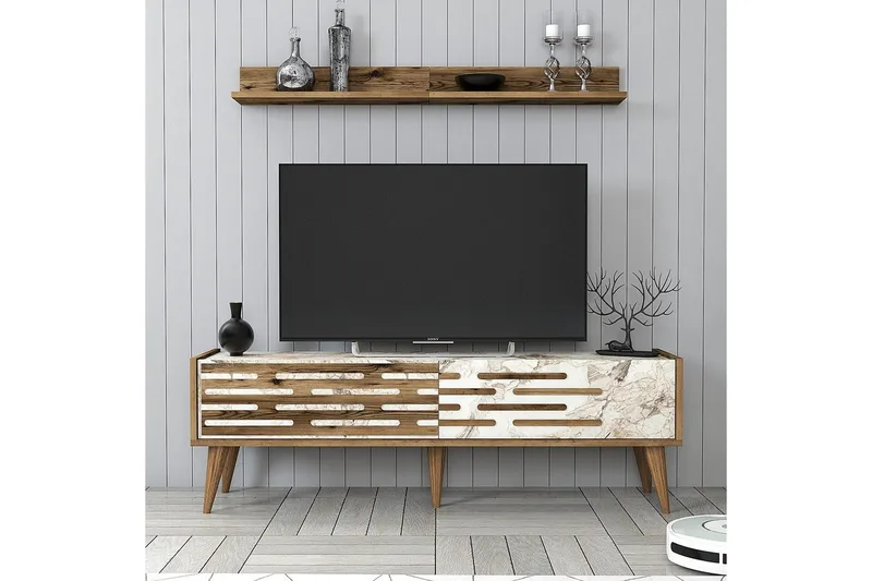Valensiya Tv-möbelset 140x45 cm - Valnöt/Vit/Marmor - Möbler - TV- & Mediamöbler - TV-möbelset