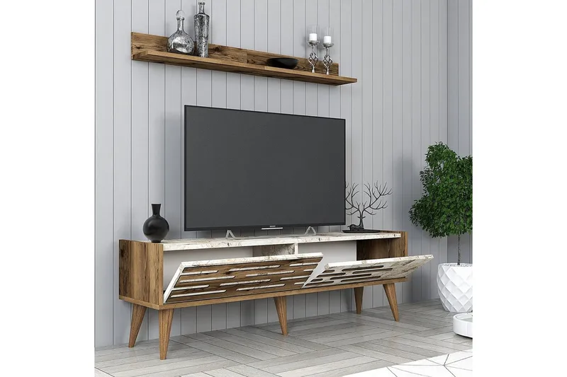 Valensiya Tv-möbelset 140x45 cm - Valnöt/Vit/Marmor - Möbler - TV- & Mediamöbler - TV-möbelset