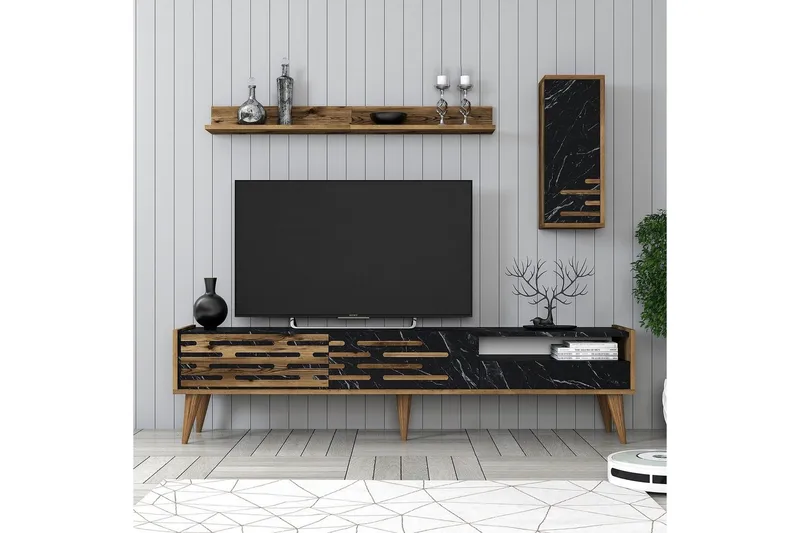 Valensiya Tv-skåp 180 cm - Valnöt/Svart/Marmor - Möbler - TV- & Mediamöbler - TV-möbelset