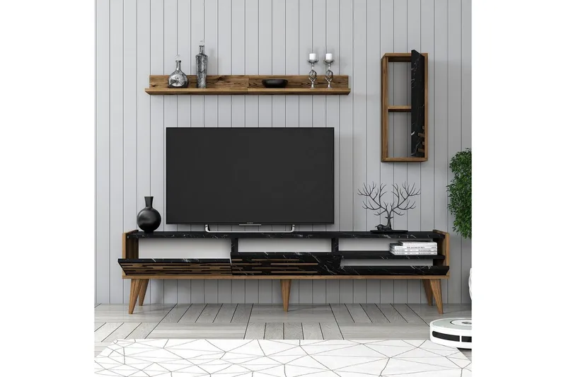 Valensiya Tv-skåp 180 cm - Valnöt/Svart/Marmor - Möbler - TV- & Mediamöbler - TV-möbelset